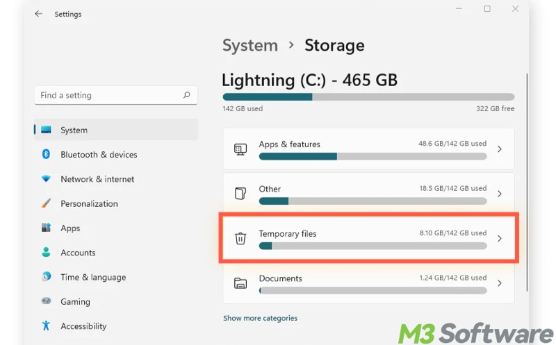 delete temp files in Windows 11 Settings