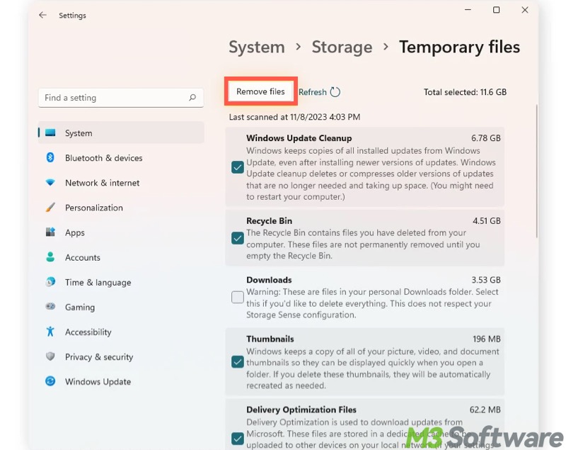 delete temp files in Windows 11 Settings