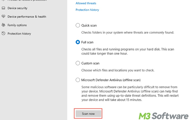 full scan in Windows 11 Settings