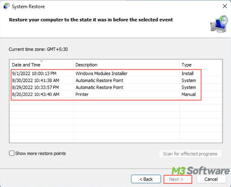 system restore in Windows 11