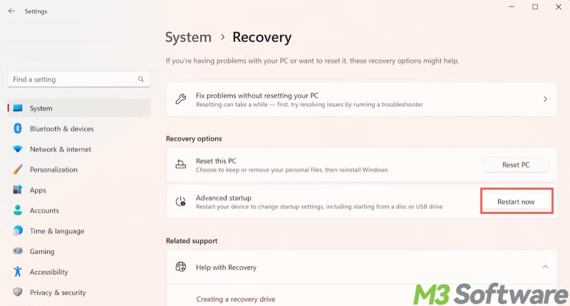 Windows WinRE restart now in Windows 11