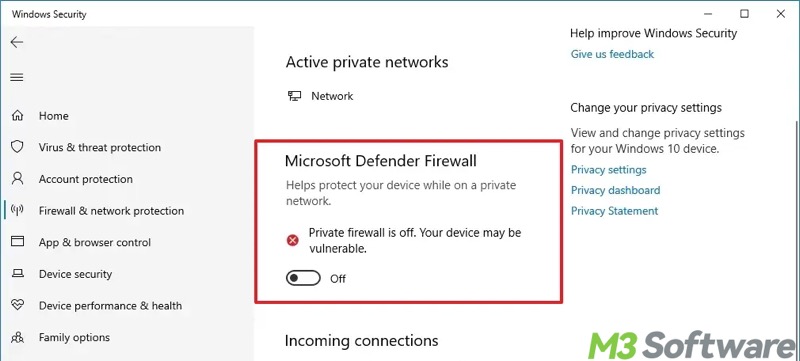 turn off Microsoft Defender Firewall in Windows 10