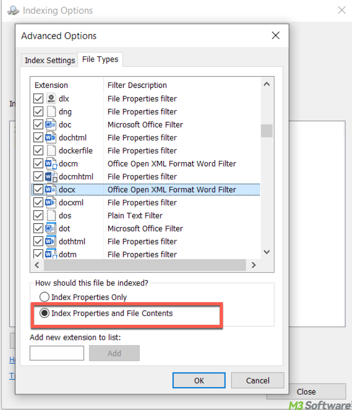 Enable content indexing for file types