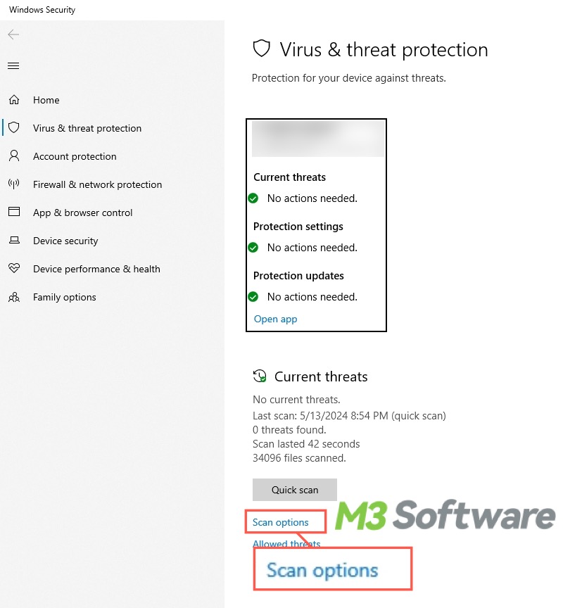 run virus scan in virus and threat protection on Windows 10