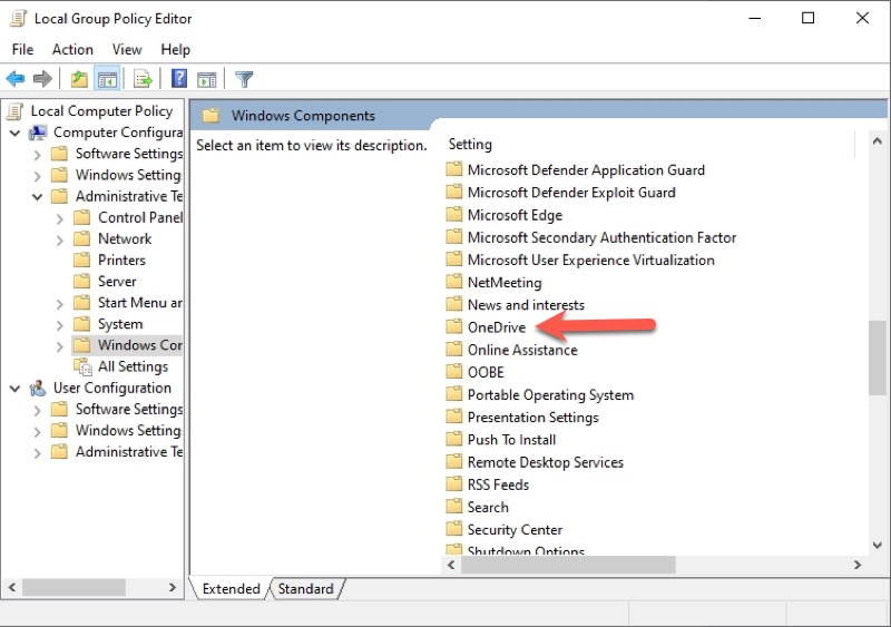 disable OneDrive via local group policy editor on Windows 10