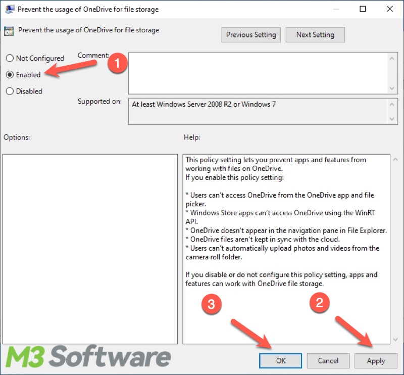 disable OneDrive via local group policy editor on Windows 10