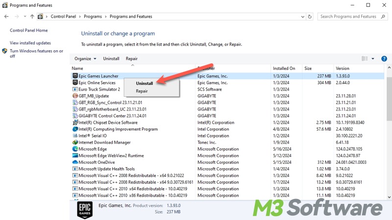 uninstall program via Control Panel on Windows 10