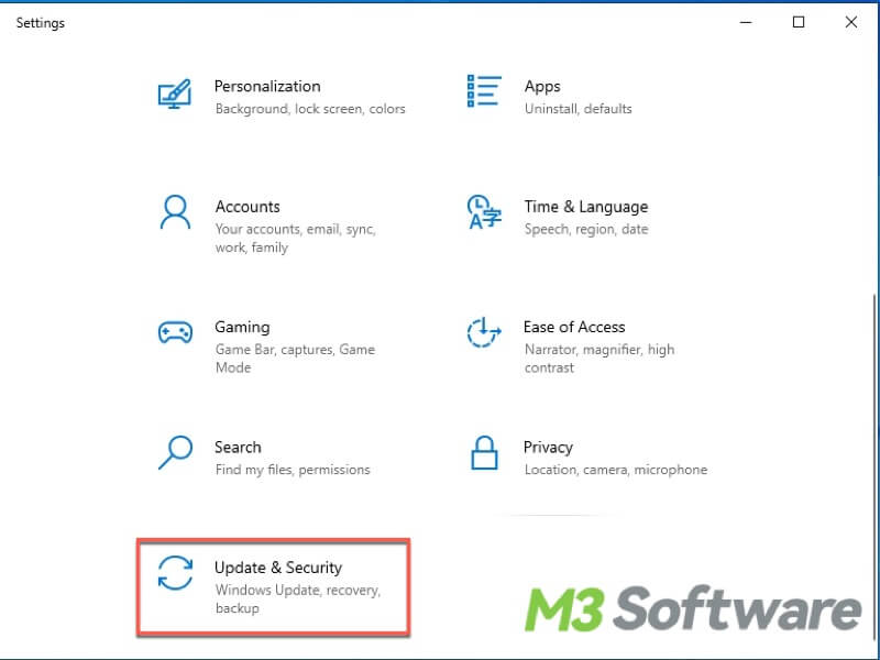 update and security in Settings on Windows 10