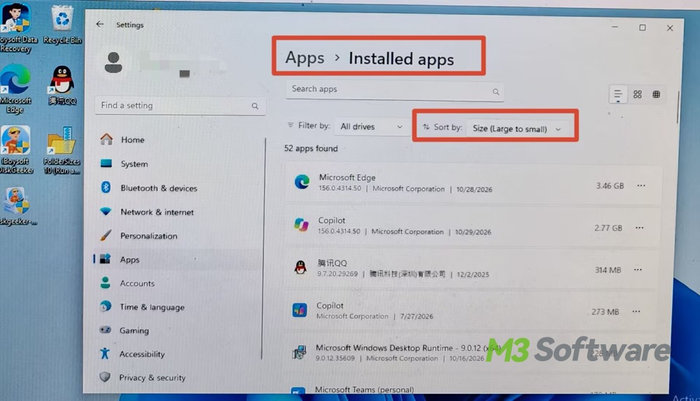 Intalled applications size in Settings