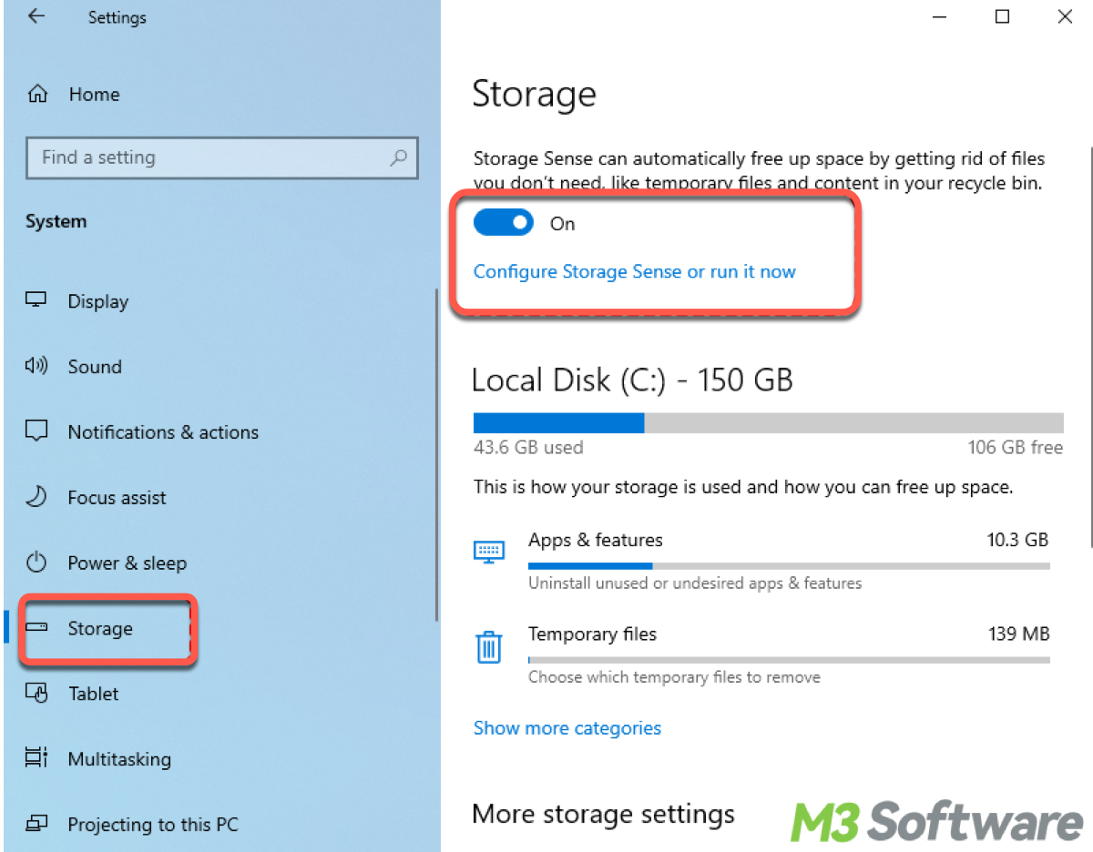 use Storage Sense to clear cache