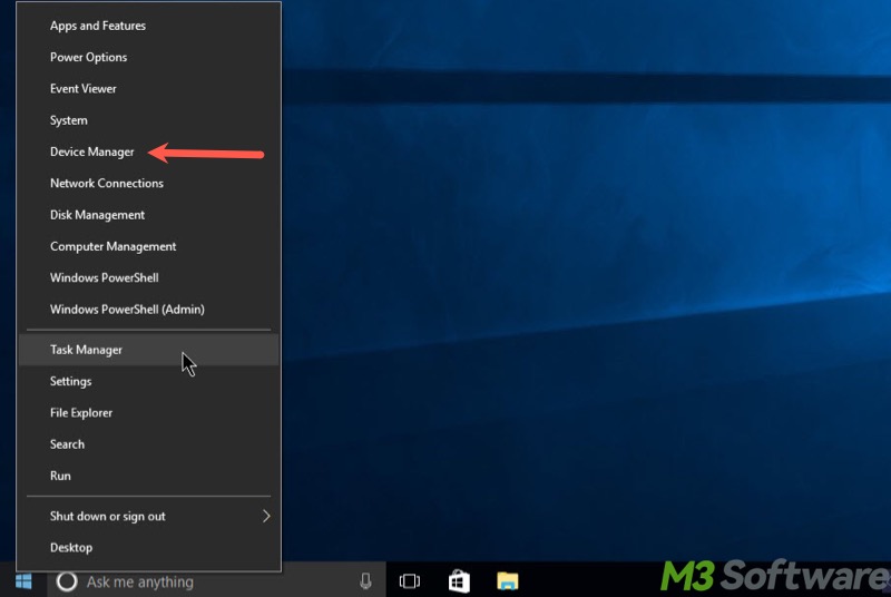 right click on Start menu to open Device Manager Windows 10