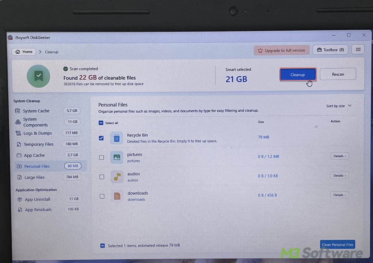 Click Cleanup to delete unnecesary files on the C drive