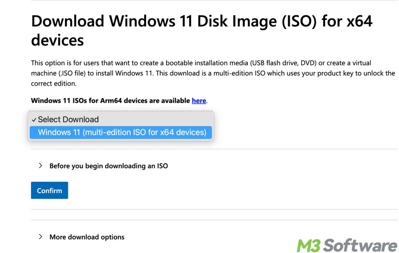 select Windows 11 multi edition for Windows 11 ISO download