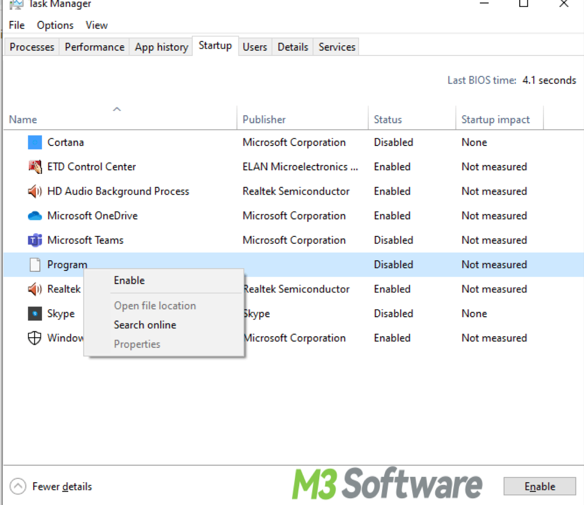 disable the startup program in Task Manager