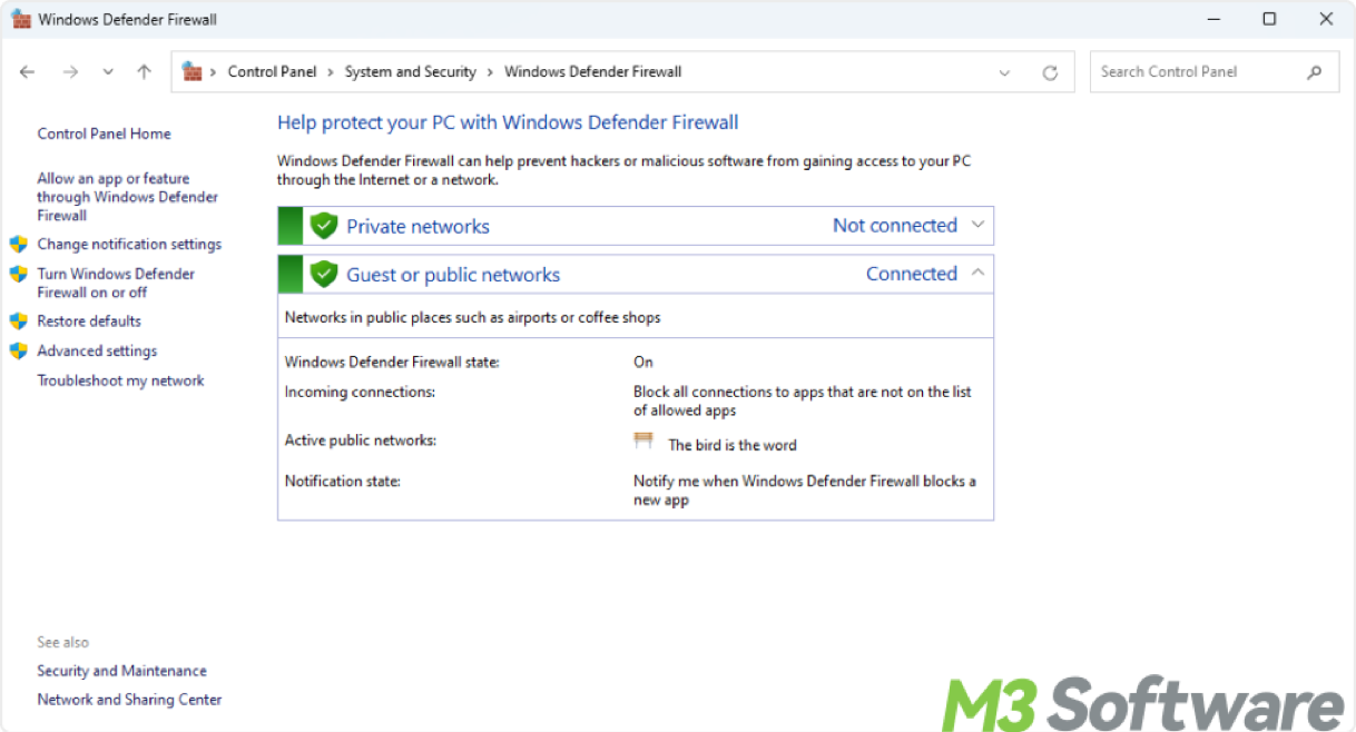 Firewall in Control Panel