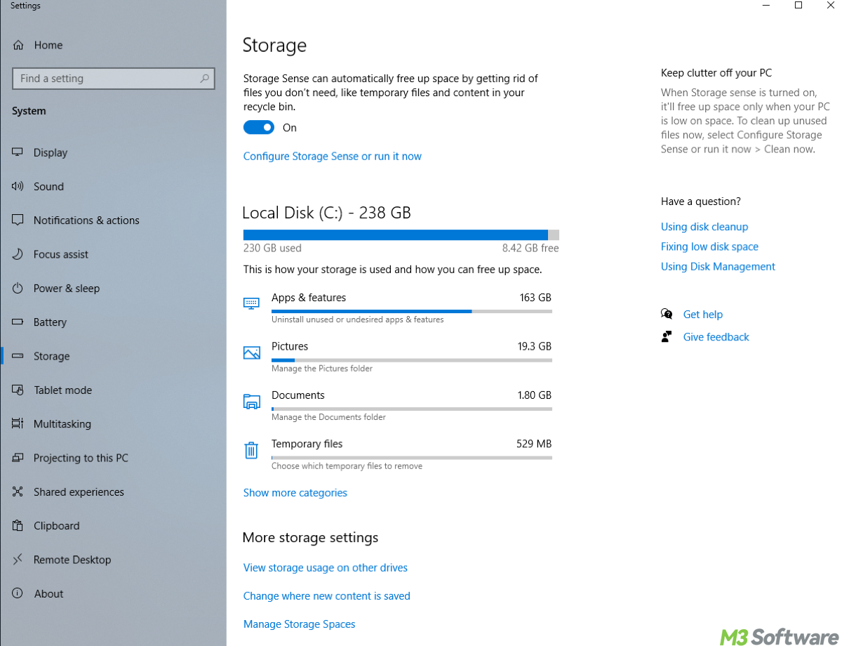 Storage in Settings