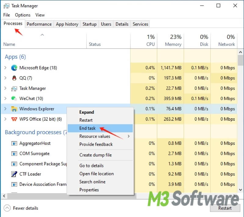 restart file explorer in task manager
