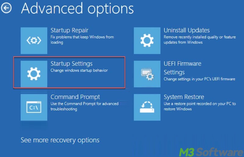 startup settings in advanced options