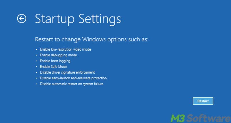 startup settings in WinRE