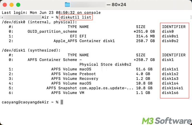 check volume identifier in terminal Mac