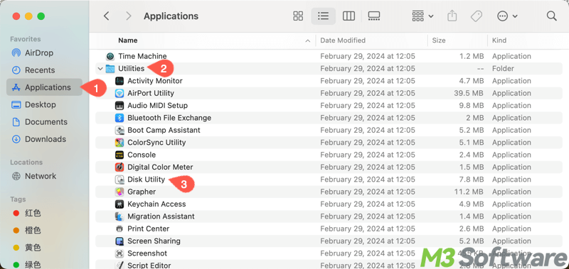 Disk Utility in Finder Applications folder macOS