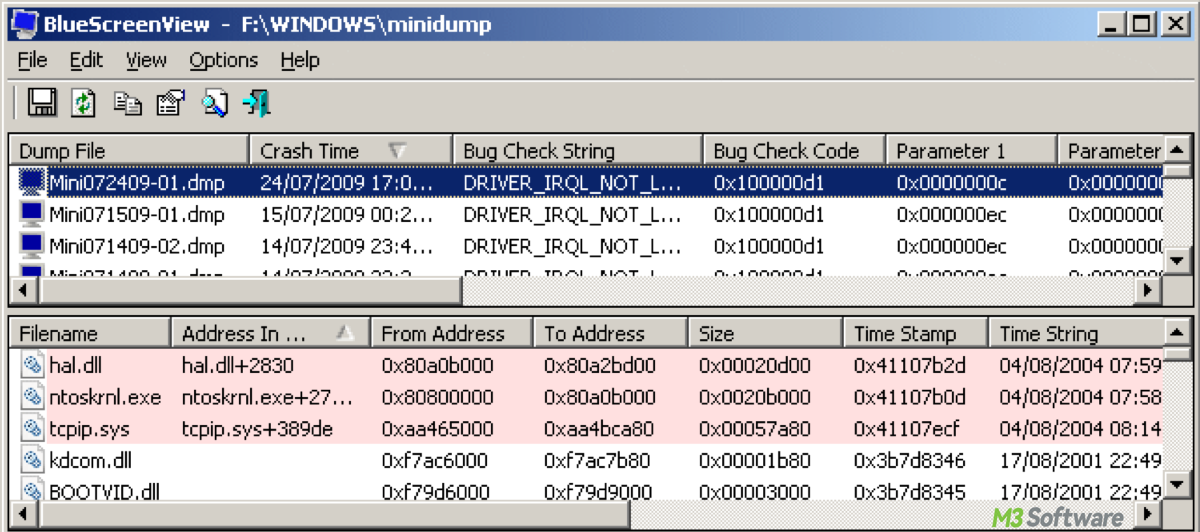 Read and analyze memory dump file through BlueScreenView