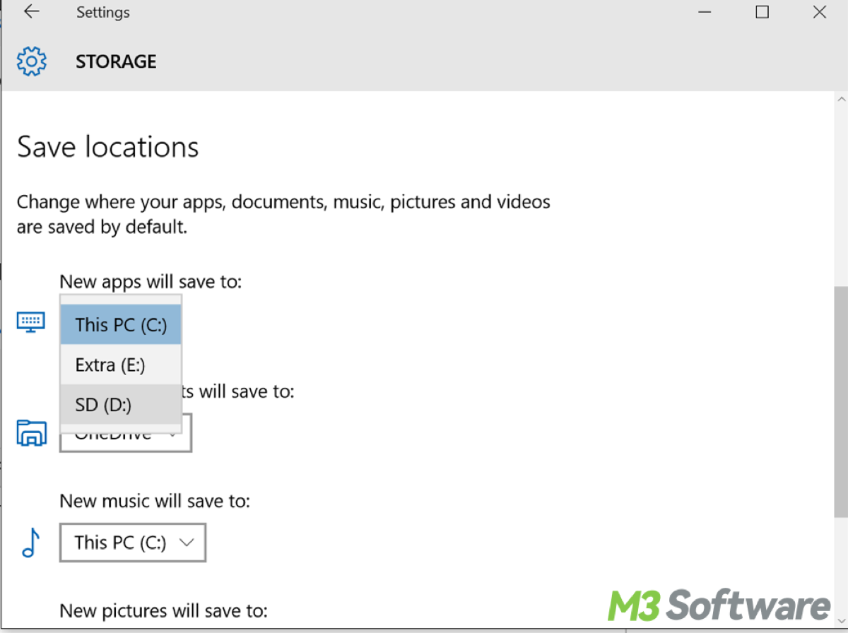 Change default drive with Settings in Windows
