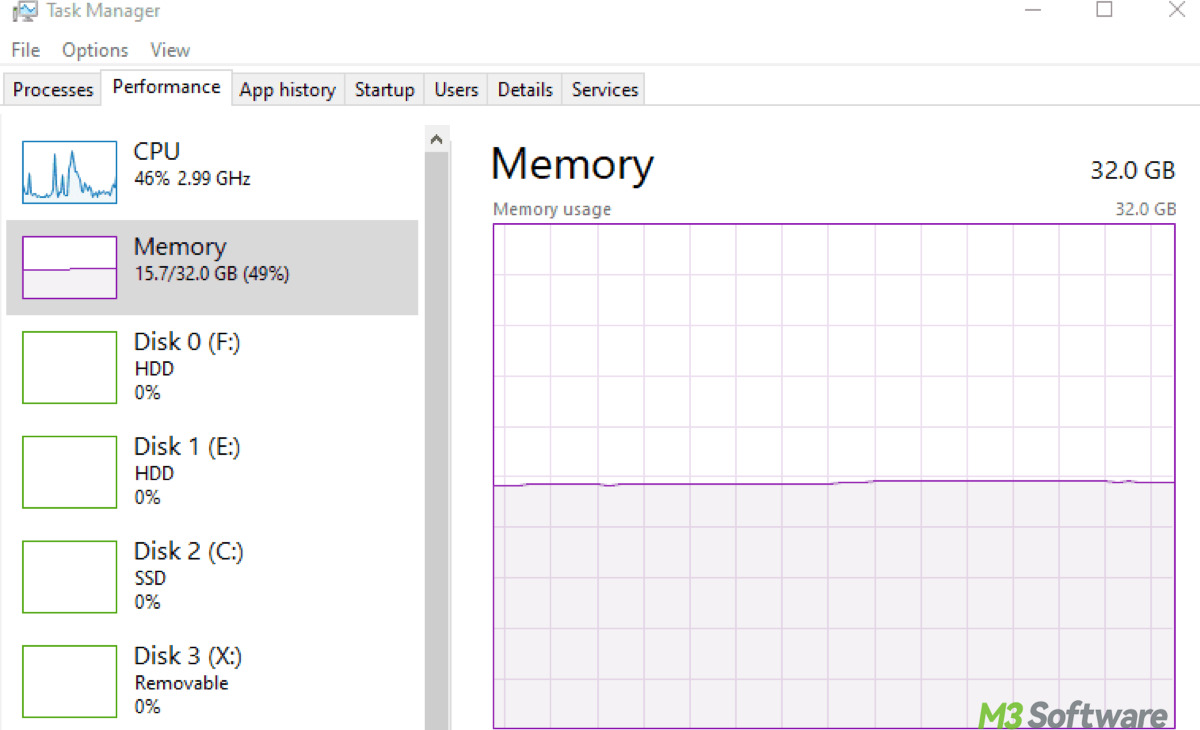 Check RAM size in Task Manager on Windows