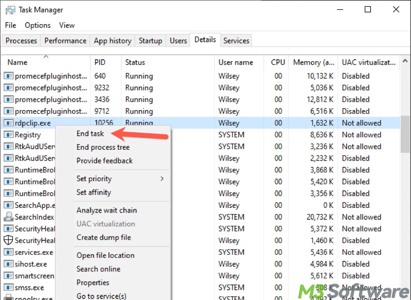 end rdpclip process in Windows Task Manager