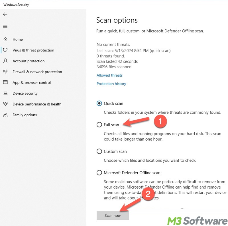 deep scan in Windows Settings