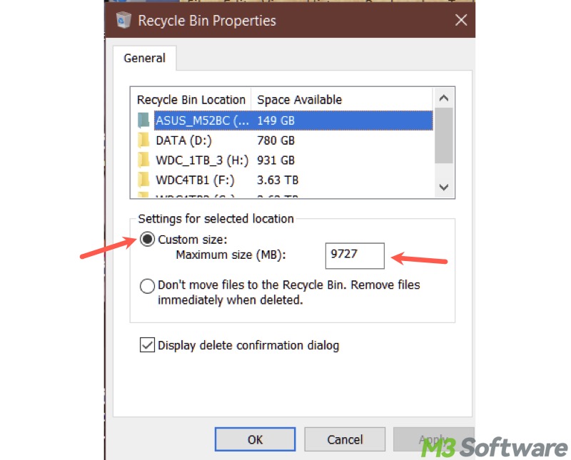 Recycle Bin custom size