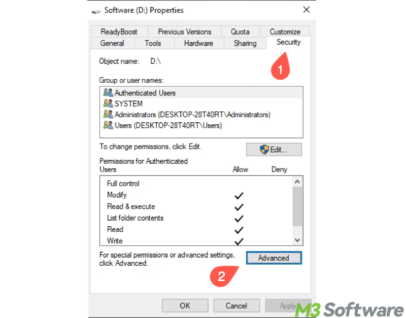 advanced button under security tab in drive properties