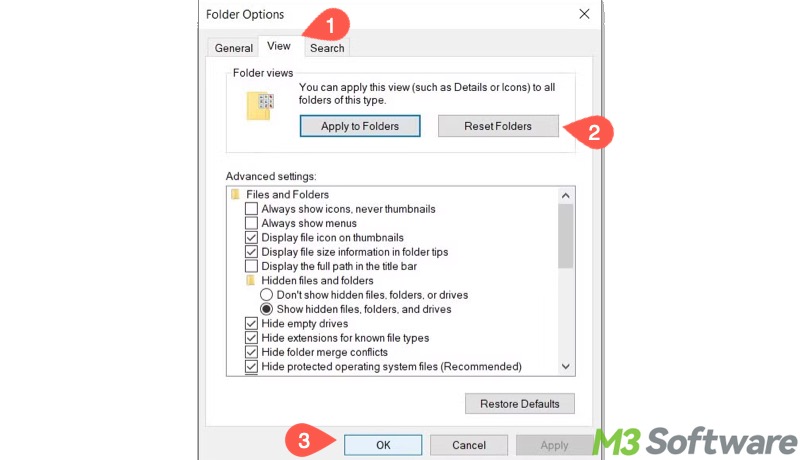 reset folders in folder options in File Explorer