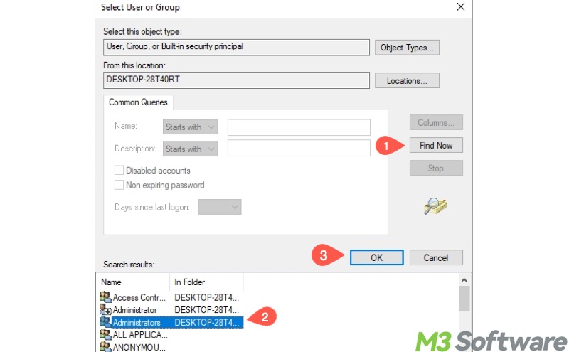 select user or group find now