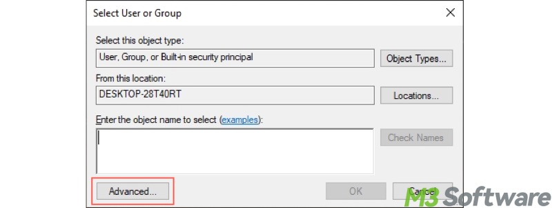 select user or group advanced button