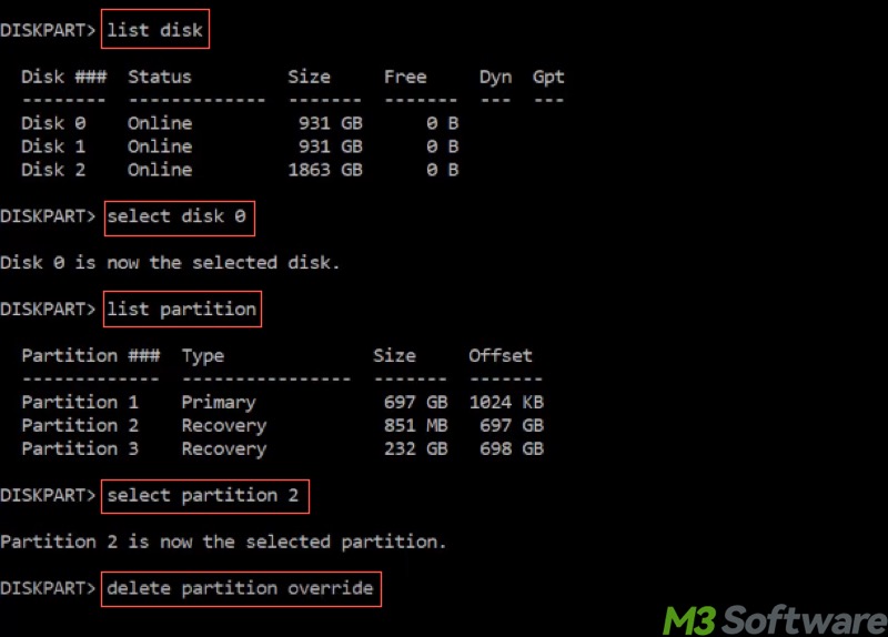 delete recovery partition in CMD