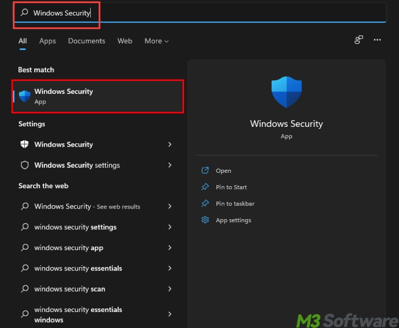 search for Windows Security Windows 11