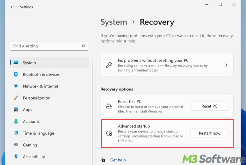 restart now under advanced startup section in Windows 11 Settings