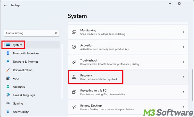 recovery options in Windows 11 Settings