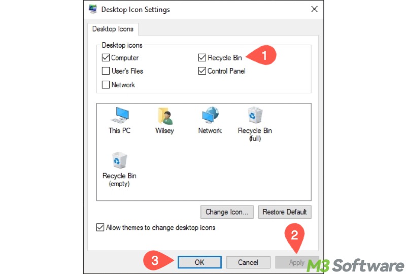choose Recycle Bin in Desktop Icon Settings on Windows