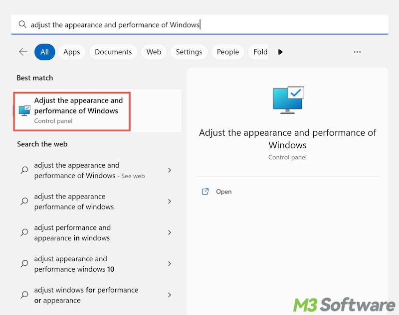 adjust the appearance and performance Windows 11