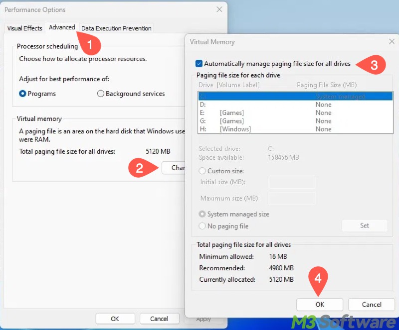 automatically manage paging file size for all drives Windows 11