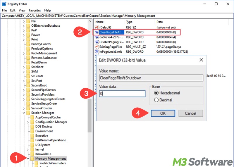clearpagefileatshutdown in Windows 10 Registry Editor