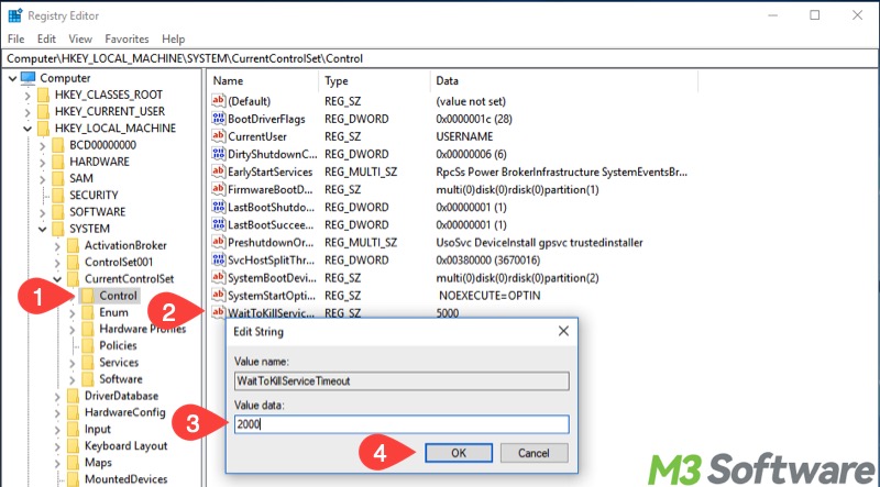 waittokillservicetimeout in Windows 10 Registry Editor