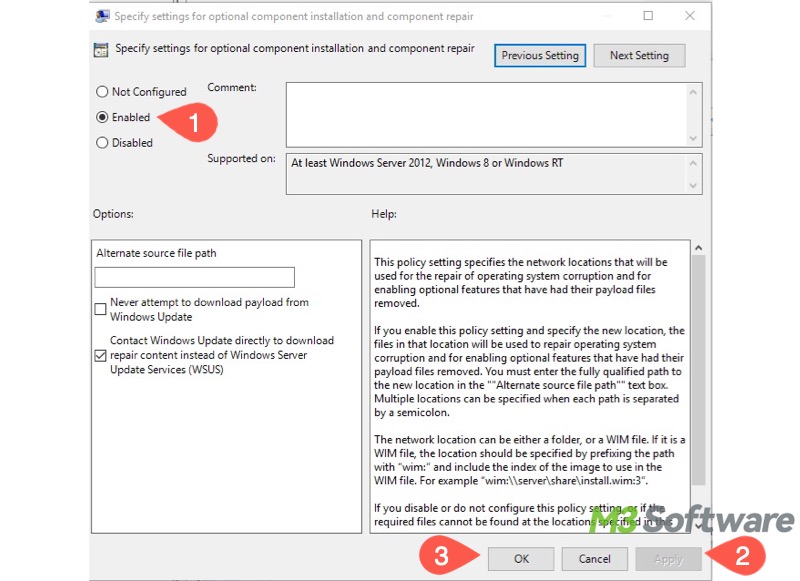 enable specify settings for optional component installation and component repair