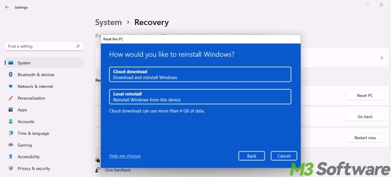 reset this PC cloud download or local reinstall in Windows 11