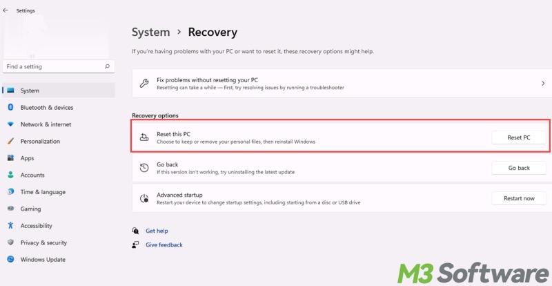 reset this PC in Windows 11