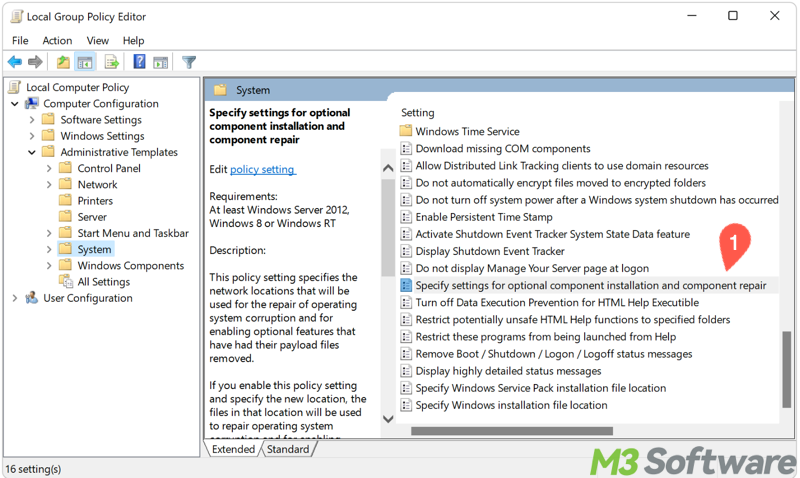 specify settings for optional component installation and component repair