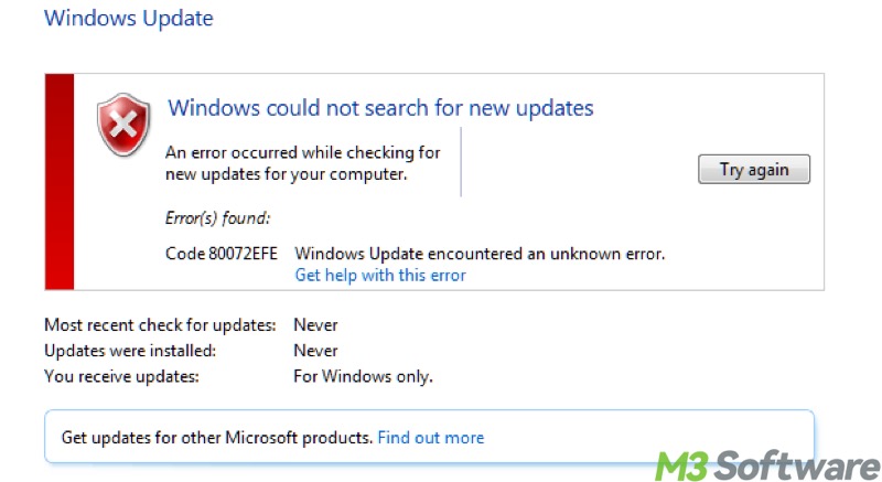 Windows update error 80072EFE