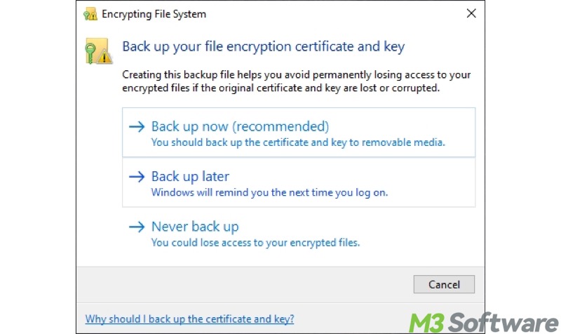 back up now to back up file encryption certification and key